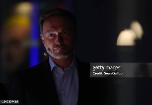 Christian Lindner, leader and lead candidate of the German Free Democrats , speaks at the concluding FDP election campaign gathering ahead of federal...