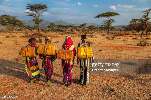 young african women carrying water from the well, ethiopia, africa - ethiopië stockfoto's en -beelden