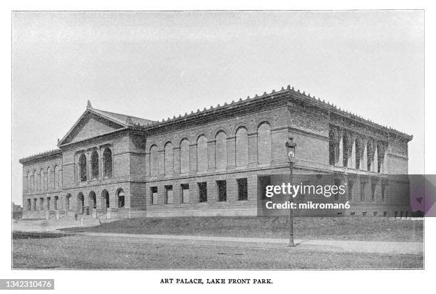 old engraving illustration of chicago in the 19th century, art palace, the art institute of chicago in chicago's grant park, founded in 1879 - chicago art museum stock pictures, royalty-free photos & images