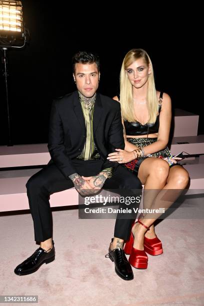 Chiara Ferragni and Fedez are seen on the front row of the Versace fashion show during the Milan Fashion Week - Spring / Summer 2022 on September 24,...