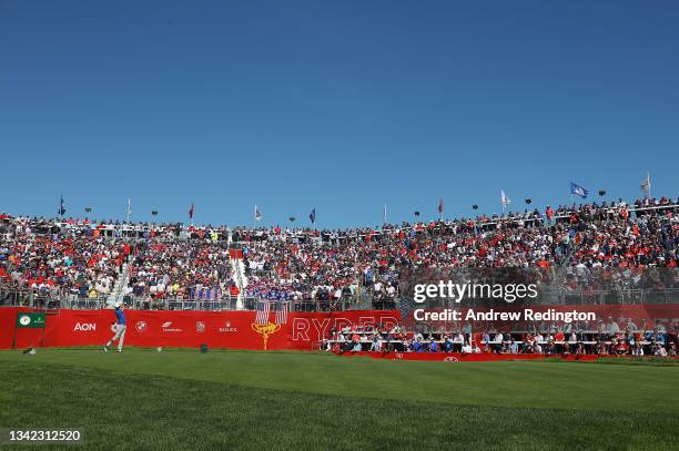 Bernd Wiesberger of Austria and team Europe plays his shot from the first tee during Friday Afternoon Fourball Matches of the 43rd Ryder Cup at...