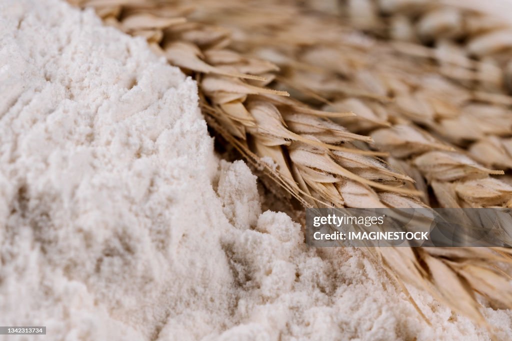 Close-up of flour and ears of wheat