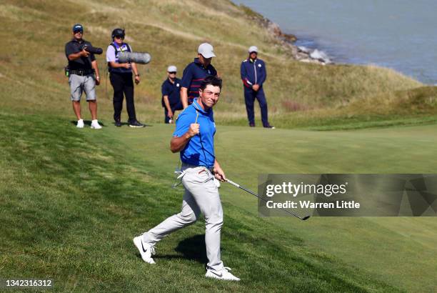 Viktor Hovland of Norway and team Europe reacts on the third green during Friday Afternoon Fourball Matches of the 43rd Ryder Cup at Whistling...