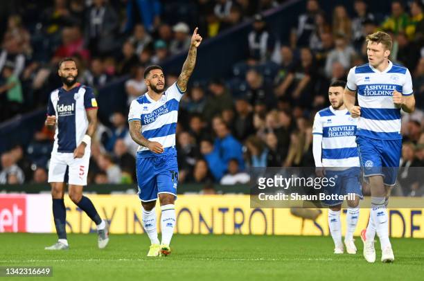 Andre Gray of Queens Park Rangers celebrates after scoring their team's first goal during the Sky Bet Championship match between West Bromwich Albion...