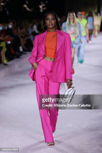 Naomi Campbell walks the runway at the Versace fashion show during the Milan Fashion Week - Spring / Summer 2022 on September 24, 2021 in Milan,...