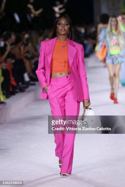 Naomi Campbell walks the runway at the Versace fashion show during the Milan Fashion Week - Spring / Summer 2022 on September 24, 2021 in Milan,...