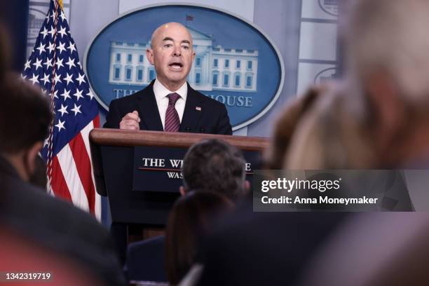 Homeland Security Secretary Alejandro Mayorkas speaks at a press briefing at the White House on September 24, 2021 in Washington, DC. Mayorkas...