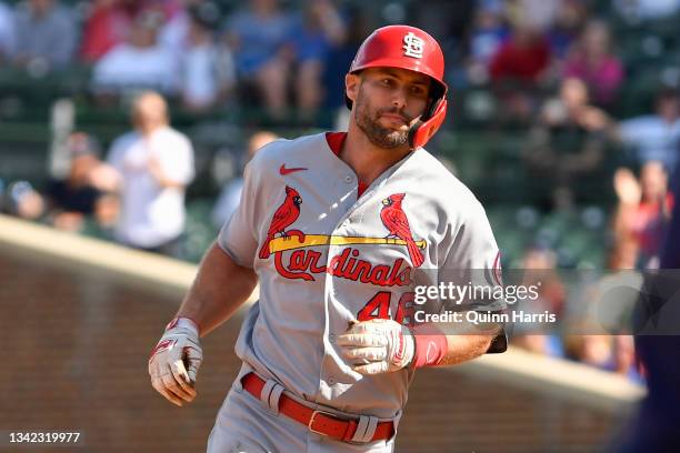 Paul Goldschmidt of the St. Louis Cardinals hits a two-run home run in the third inning against the Chicago Cubs in game one of a doubleheader at...