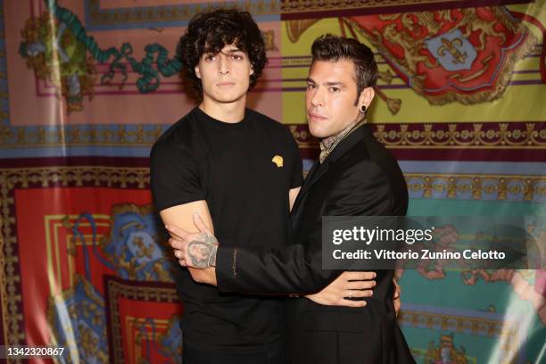 Luis Sal and Fedez are seen on the front row of the Versace fashion show during the Milan Fashion Week - Spring / Summer 2022 on September 24, 2021...