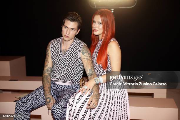 Benjamin Mascolo and Bella Thorne are seen during the Milan Fashion Week - Spring / Summer 2022 on September 24, 2021 in Milan, Italy.