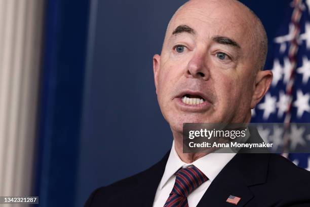 Homeland Security Secretary Alejandro Mayorkas speaks at a press briefing at the White House on September 24, 2021 in Washington, DC. Mayorkas...