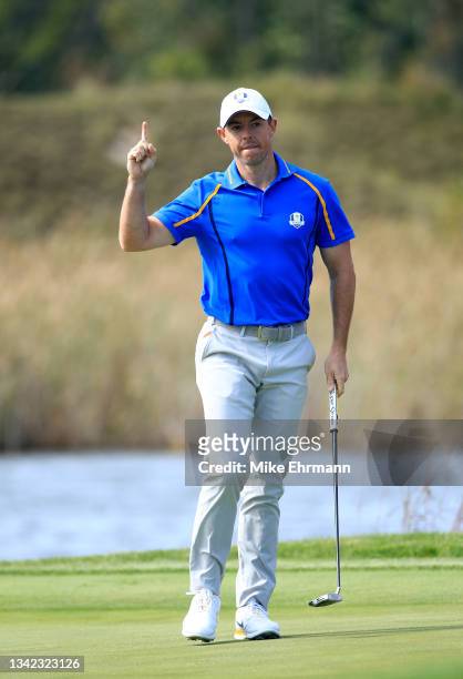 Rory McIlroy of Northern Ireland and team Europe reacts on the fifth green during Friday Afternoon Fourball Matches of the 43rd Ryder Cup at...