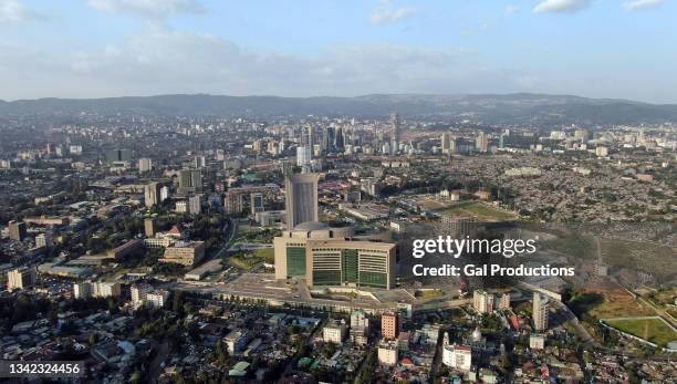 aerial view of addis ababa city center with fast growing skyscrapers/ ethiopia - addis ababa stockfoto's en -beelden