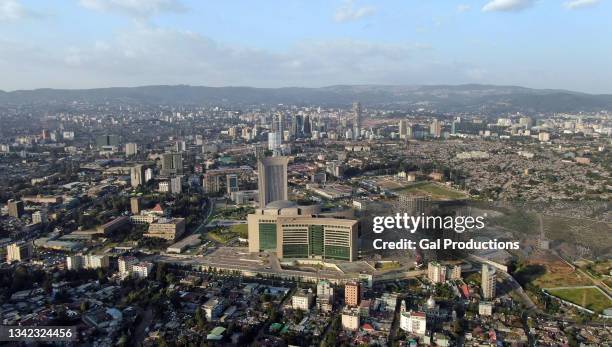 aerial view of addis ababa city center with fast growing skyscrapers/ ethiopia - addis abeba bildbanksfoton och bilder