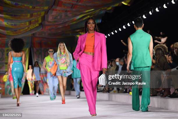 Naomi Campbell walks the runway at the Versace fashion show during the Milan Fashion Week - Spring / Summer 2022 on September 24, 2021 in Milan,...