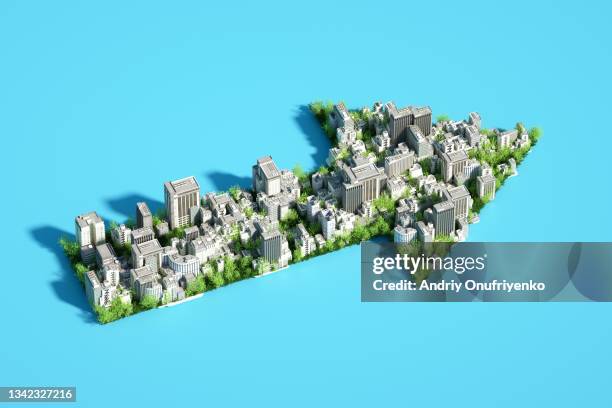 sustainable city in shape of arrow. - 3d building stock-fotos und bilder