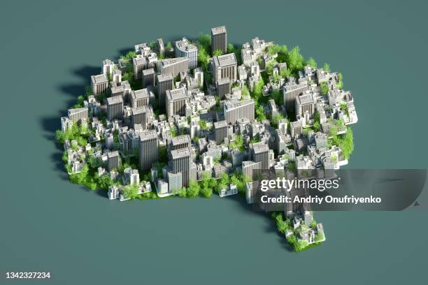 sustainable city in shape of human brain. - 3d city stock-fotos und bilder