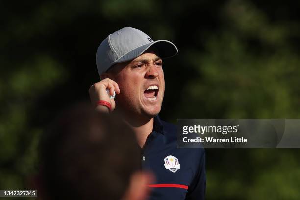 Justin Thomas of team United States celebrates on the ninth green during Friday Afternoon Fourball Matches of the 43rd Ryder Cup at Whistling Straits...