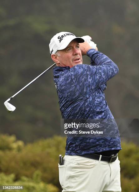 Rod Pampling of Australia hits his tee shot on the fifth hole during the first round of the PURE Insurance Championship at Pebble Beach Golf Links on...
