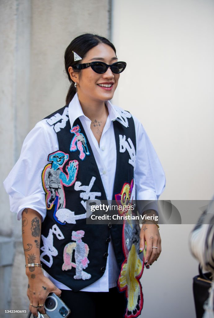 Peggy Gou seen wearing hairclips, white button shirt and vest outside  News Photo - Getty Images