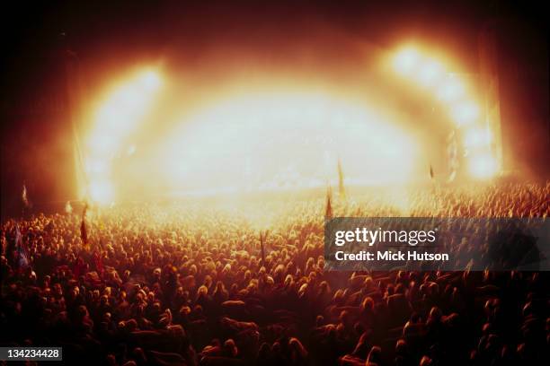 View over the audience at the Roskilde Festival, Denmark, June 1996. Roskilde