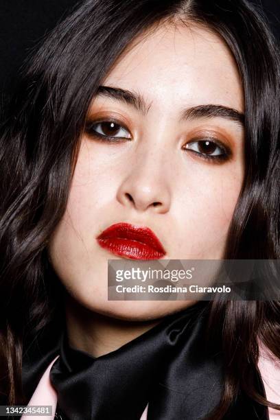 Model poses in the backstage of the John Richmond fashion show during the Milan Fashion Week - Spring / Summer 2022 on September 24, 2021 in Milan,...