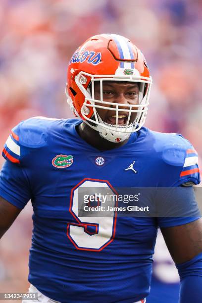 Gervon Dexter of the Florida Gators looks on during the second half of a game against the Alabama Crimson Tide at Ben Hill Griffin Stadium on...