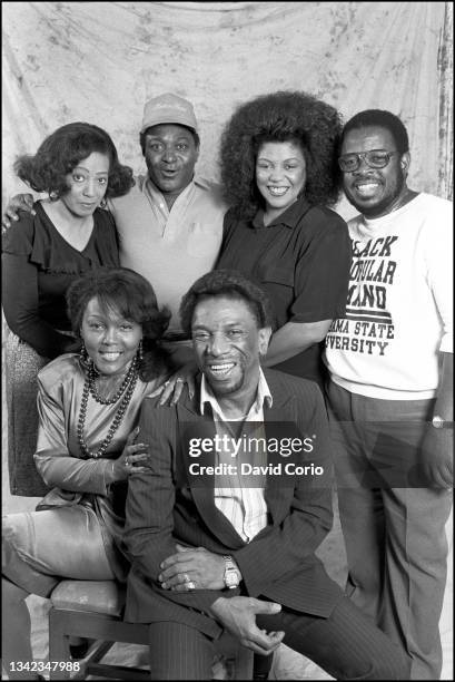 Marva Whitney, Alfred 'Pee Wee' Ellis, Lyn Collins, Fred Wesley; front row Vicki Anderson and Bobby Byrd at the Grafton Hotel, London, UK on 16 July...