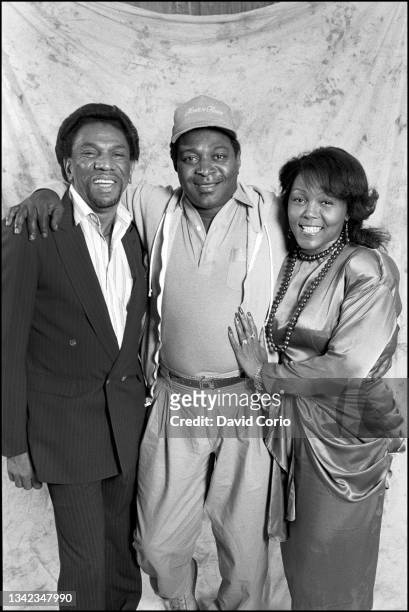 Bobby Byrd, Alfred 'Pee Wee' Ellis and Vicki Anderson at the Grafton Hotel, London, UK on 16 July 1988.