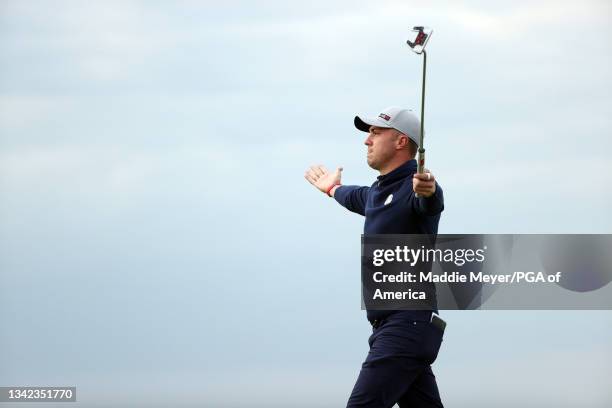 Justin Thomas of team United States celebrates on the 16th green during Friday Afternoon Fourball Matches of the 43rd Ryder Cup at Whistling Straits...