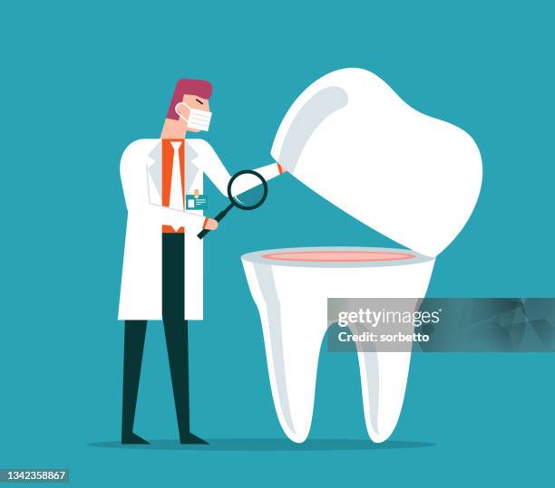 illustrazioni stock, clip art, cartoni animati e icone di tendenza di cure dentali - lente d'ingrandimento - smalto