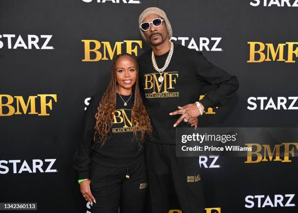 Shante Broadus and Snoop Dogg attend STARZ Series "BMF" World Premiere at Cellairis Amphitheatre at Lakewood on September 23, 2021 in Atlanta,...