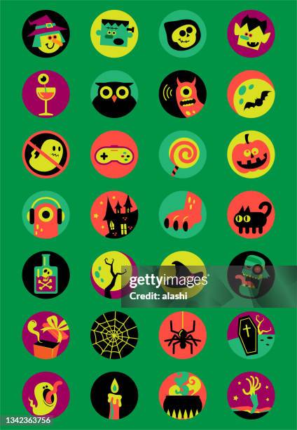 ilustrações, clipart, desenhos animados e ícones de conjunto de ícones da festa virtual de halloween e concurso de fantasia de halloween e caçador internacional de monstros e truques virtuais ou travessuras - frankenstein