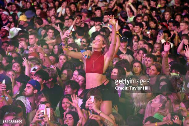 The crowd attends as 24kGoldn performs during the 2021 Governors Ball Music Festival at Citi Field on September 24, 2021 in New York City.