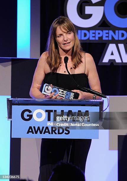 Award winner Katie Galloway speaks onstage at the IFP's 21st Annual Gotham Independent Film Awards at Cipriani Wall Street on November 28, 2011 in...
