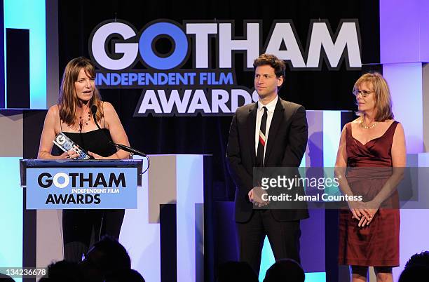 Alexander Payne and Chris Hegedus present director Katie Galloway with her award for 'Better This World' onstage at the IFP's 21st Annual Gotham...