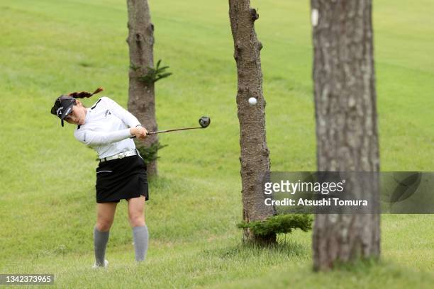Yuna Nishimura of Japan hits her second shot on the 8th hole during the second round of the Miyagi TV Cup Dunlop Ladies Open at Rifu Golf Club on...
