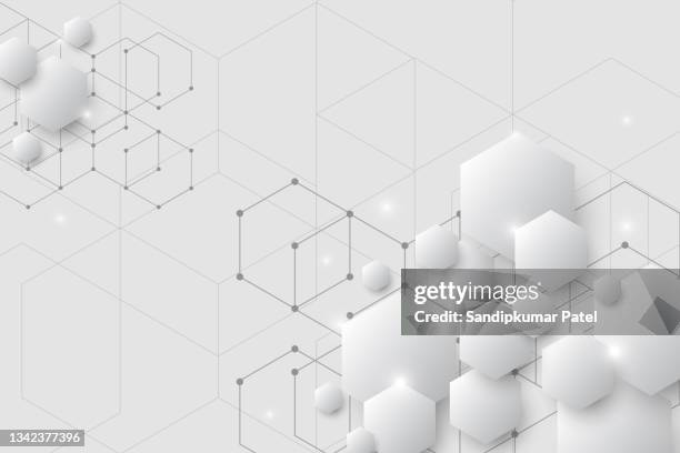 ilustraciones, imágenes clip art, dibujos animados e iconos de stock de hexágonos abstractos con nodos digitales geométricos con líneas negras y puntos sobre fondo blanco. - atomo