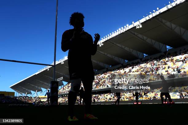 Ofa Tuungafasi of the All Blacks prays ahead of the Rugby Championship match between the New Zealand All Blacks and the South African Springboks at...