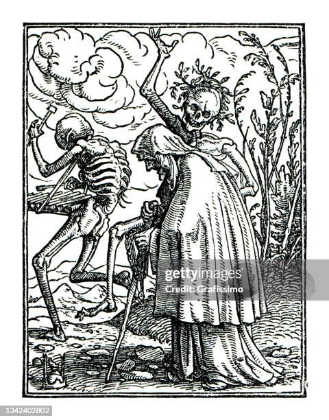 antique woodcut showing the death catching old woman 1525 - dead stock illustrations