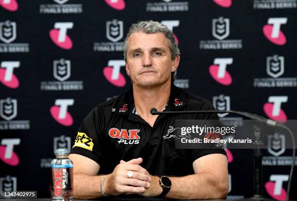 Coach Ivan Cleary of the Panthers speaks during a press conference after the NRL Grand Final Qualifier match between the Melbourne Storm and the...