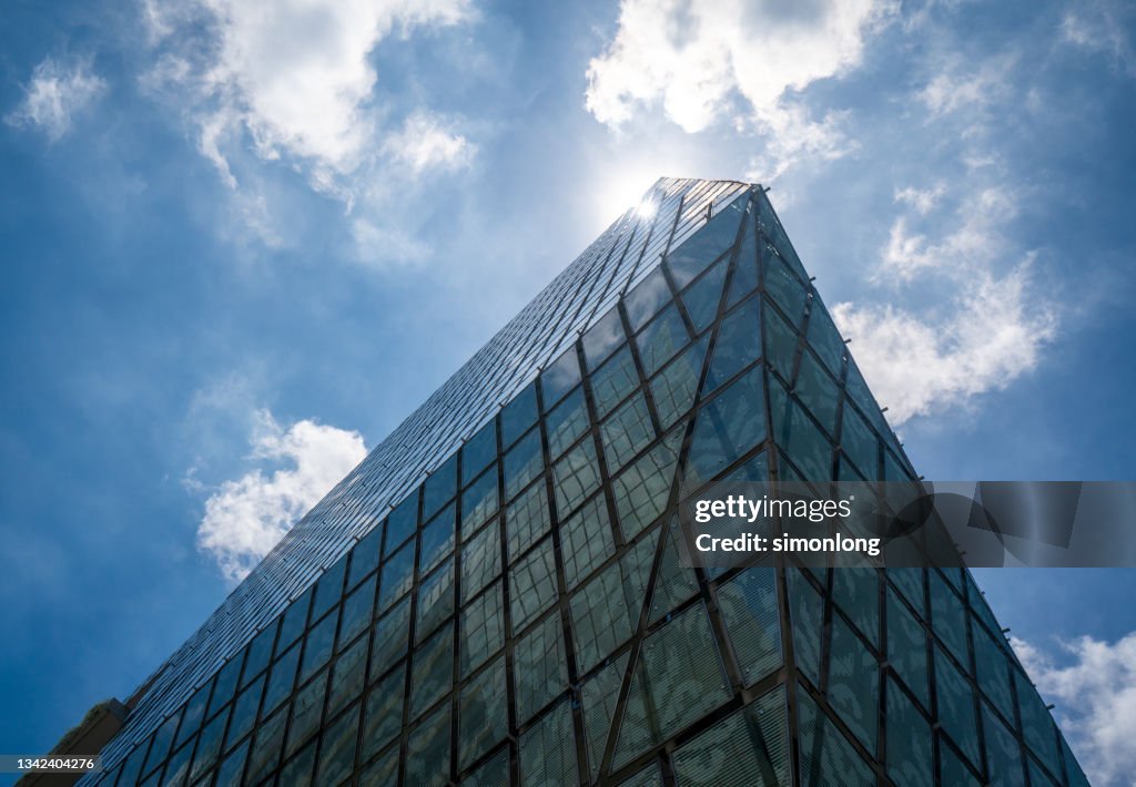 Converging perspective, view from below of office towers