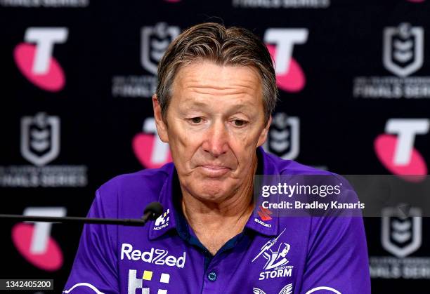 Coach Craig Bellamy of the Storm speaks during a press conference after the NRL Grand Final Qualifier match between the Melbourne Storm and the...