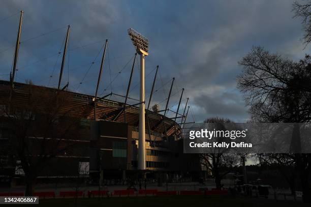 General view of last afternoon light falling across a quiet MCG is seen ahead of the AFL Grand Final, being played at Optus Stadium in Perth, at the...