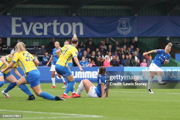 Leonie Maier of Everton scores her team's first goal during the Barclays FA Women's Super League match between Everton Women and Birmingham City...