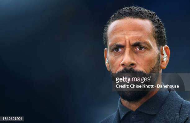 Rio Ferdinand speaks to BT sport ahead of the Premier League match between Chelsea and Manchester City at Stamford Bridge on September 25, 2021 in...