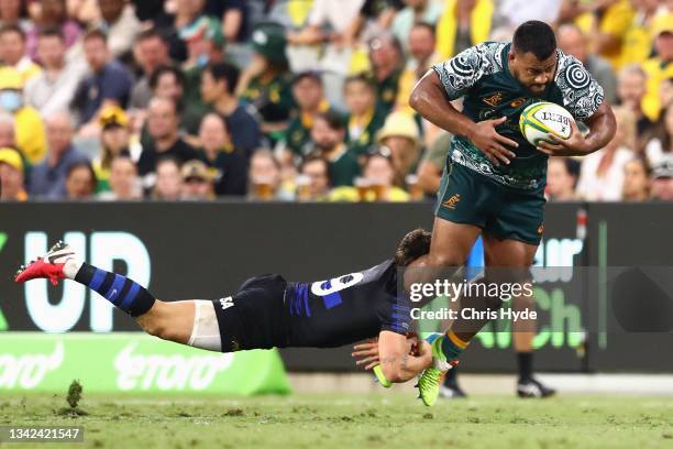 Taniela Tupou of the Wallabies is tackled during The Rugby Championship match between the Australian Wallabies and Argentina Pumas at QCB Stadium on...