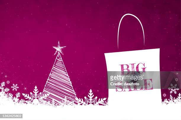 weißer schnee und schneeflocken am boden einer lebendigen magentafarbenen fuschia rosa oder lila farbe horizontal weihnachten festliche vektorhintergründe mit einer einkaufstasche mit einem weihnachtsbaum und einem stern und textnachricht big sale - magenta stock-grafiken, -clipart, -cartoons und -symbole