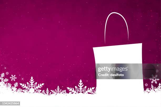 white colored snow and snowflakes at the bottom of a vibrant magenta fuschia pink or purple color  horizontal christmas festive vector backgrounds with a blank, empty shopping bag with no text and no people - winter sale stock illustrations