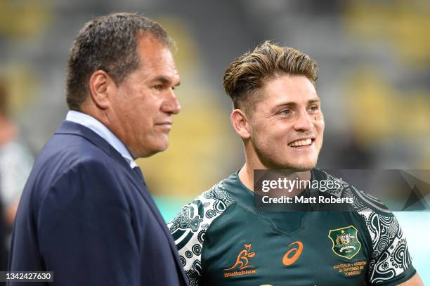 James O'Connor of the Wallabies speaks with Wallabies coach Dave Rennie during The Rugby Championship match between the Australian Wallabies and...